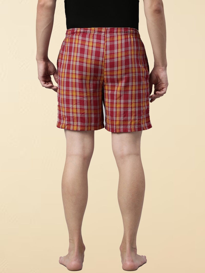 Joven Red and Yellow Checked Lounge Shorts for Men - Image 3