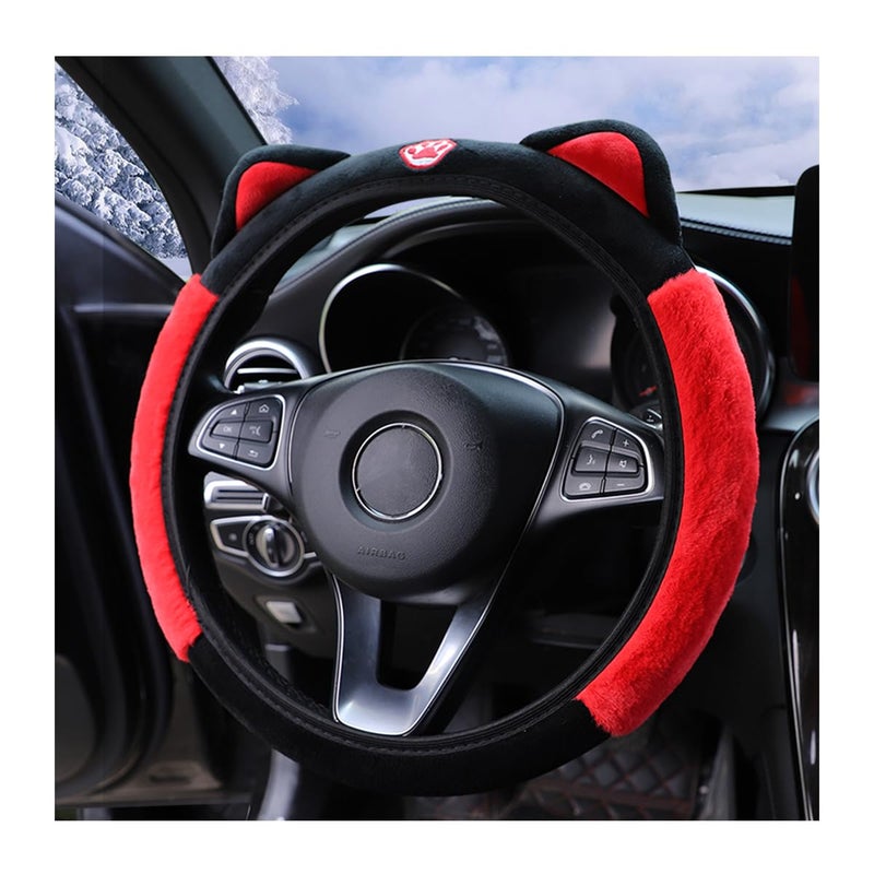 Bittwee Car Steering Wheel Cover Fluffy Soft Plush for Winter Warm Cute Steering Wheel Protector with Kitty Cat Ears Universal 15 Inch Elastic AntiSlip Lovely Decor Car Accessories BlackRed - Image 2
