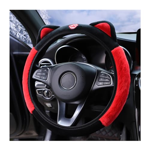 Bittwee Car Steering Wheel Cover Fluffy Soft Plush for Winter Warm Cute Steering Wheel Protector with Kitty Cat Ears Universal 15 Inch Elastic AntiSlip Lovely Decor Car Accessories BlackRed - Image 1