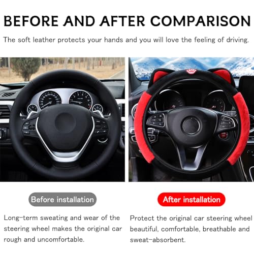Bittwee Car Steering Wheel Cover Fluffy Soft Plush for Winter Warm Cute Steering Wheel Protector with Kitty Cat Ears Universal 15 Inch Elastic AntiSlip Lovely Decor Car Accessories BlackRed - Image 3