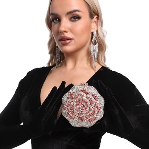 Boutique De FGG حقيبة كلاتش روز كريستال من بوتيك دي FGG للنساء، حقيبة زفاف مسائية مزينة بالزهور، حقيبة يد مزينة بالأحجار اللامعة، صغيرة، حمراء - Image 3