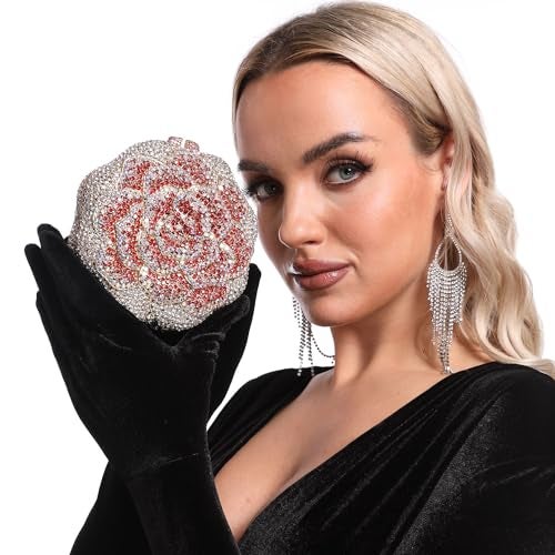 Boutique De FGG حقيبة كلاتش روز كريستال من بوتيك دي FGG للنساء، حقيبة زفاف مسائية مزينة بالزهور، حقيبة يد مزينة بالأحجار اللامعة، صغيرة، حمراء - Image 5