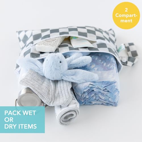 Bumkins Waterproof Wet Dry Clutch Bag for Baby Travel Swim Suit Cloth Diapers Pump Parts Pool Gym Clothes Toiletry Strap to Stroller Daycare Zip Reusable Bag Packing Pouch Gray Check - Image 3