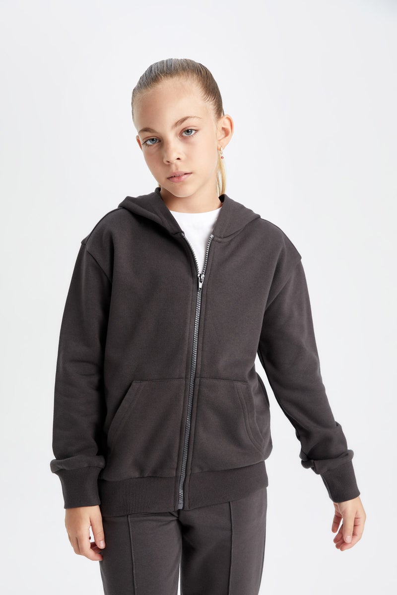 DeFacto Girl Basic Hooded Zippered School Cardigan - Image 1