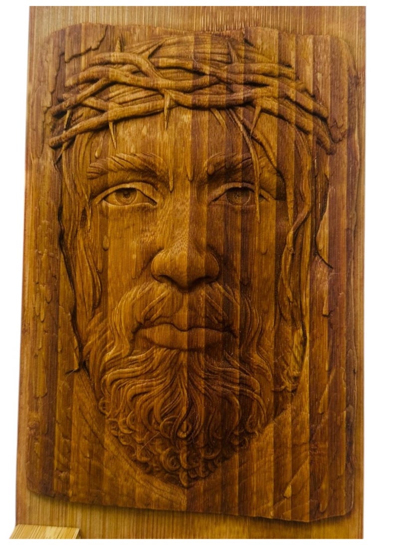 إي إس بي بريميوم wood art relief carving of the face of Jesus Christ wearing a crown of thorns - Image 1