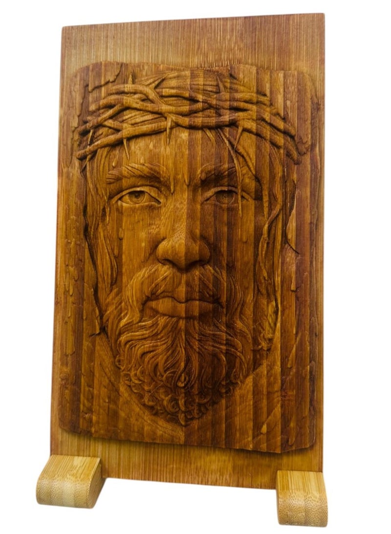 إي إس بي بريميوم wood art relief carving of the face of Jesus Christ wearing a crown of thorns - Image 2