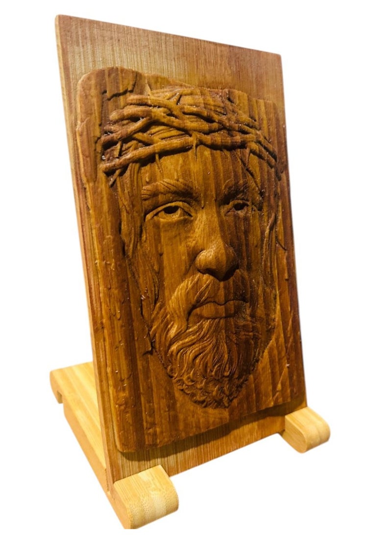 إي إس بي بريميوم wood art relief carving of the face of Jesus Christ wearing a crown of thorns - Image 3