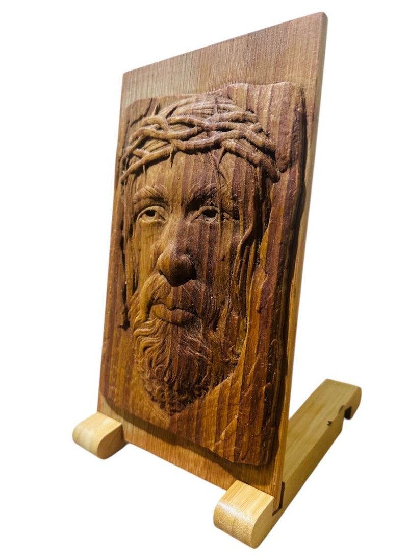 إي إس بي بريميوم wood art relief carving of the face of Jesus Christ wearing a crown of thorns - Image 4