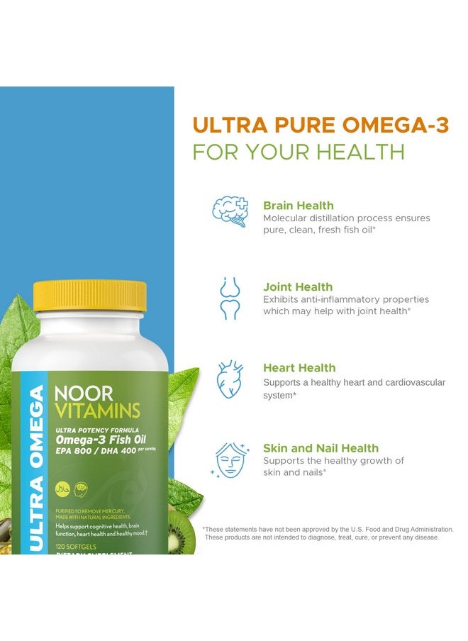 Noor Vitamins - Halal Fish Oil Halal Vitamins Fish Oil Halal Ultra Omega 3 Wild Peruvian Fish Oil (800 Mg Epa & 400 Mg Dha) Heart Brain & Joint Support Nongmo & Gluten Free (120 Count) - Image 1