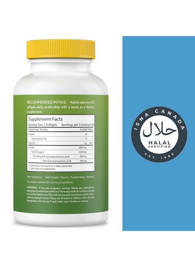 Noor Vitamins - Halal Fish Oil Halal Vitamins Fish Oil Halal Ultra Omega 3 Wild Peruvian Fish Oil (800 Mg Epa & 400 Mg Dha) Heart Brain & Joint Support Nongmo & Gluten Free (120 Count) - Image 1
