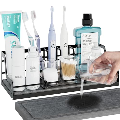 NANAGIFTREE Toothbrush Holders, Bathroom Organizers and Storage with Instant Drying Stone, 6 Slots Bathroom Accessories with Adjustable Toothpaste Holders, Bathroom Counter Organizer, Black - Image 1