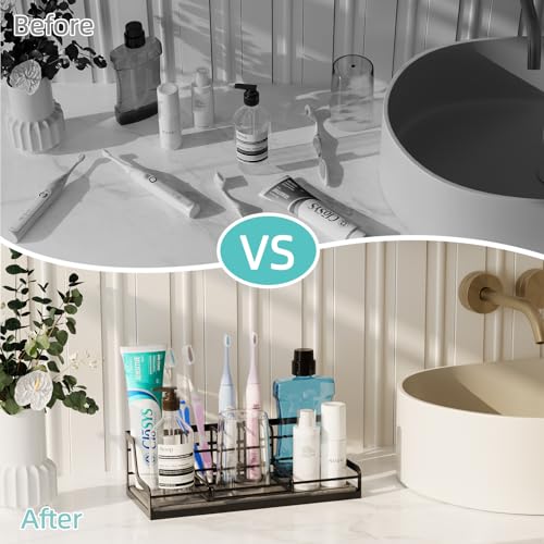 NANAGIFTREE Toothbrush Holders, Bathroom Organizers and Storage with Instant Drying Stone, 6 Slots Bathroom Accessories with Adjustable Toothpaste Holders, Bathroom Counter Organizer, Black - Image 5
