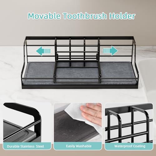 NANAGIFTREE Toothbrush Holders, Bathroom Organizers and Storage with Instant Drying Stone, 6 Slots Bathroom Accessories with Adjustable Toothpaste Holders, Bathroom Counter Organizer, Black - Image 4