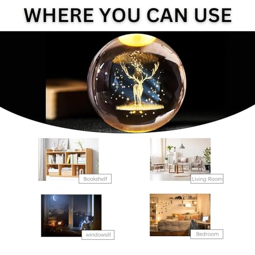 SHOPOGENIX Deer 3D Crystal Ball Night Light,2.4inch 6CM Glass Ball Night LED Lamp with Woodern Base,Decorations Gifts for Men,Women,Kids,Boys,Teens (Deer). - Image 3