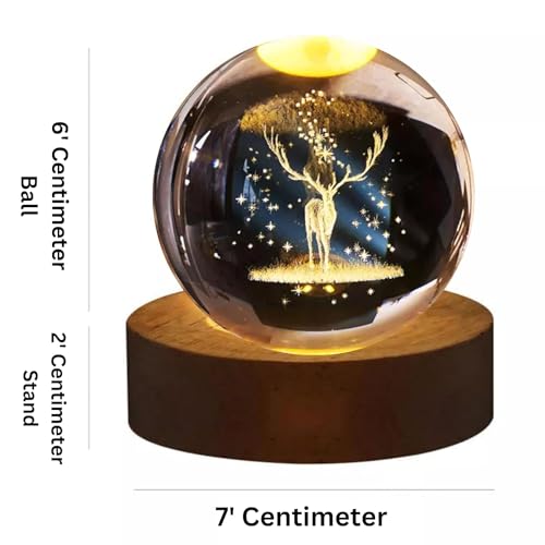 SHOPOGENIX Deer 3D Crystal Ball Night Light,2.4inch 6CM Glass Ball Night LED Lamp with Woodern Base,Decorations Gifts for Men,Women,Kids,Boys,Teens (Deer). - Image 2