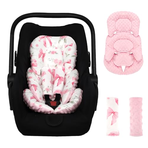 Jundetye Infant Car Seat Insert Girls Soft Car Seat Head Support Baby 2 Strap Pads Preemie Newborn Carseat Insert Reversible Fits for Stroller Baby Swing Rocker Bassinets Bouncer Pink Rose - Image 1