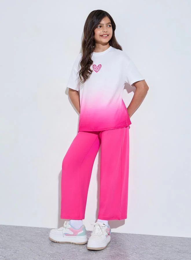 Styli Teen Girls Ombre Printed T-Shirt and Wide Leg Joggers Set