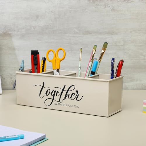 anantam homes organizer with 4 compartments for office table | stylish Metal Desk Organizer | Stationary Storage | Pencil Holder for Office, Home, and Study Table (Together) Beige - Image 4