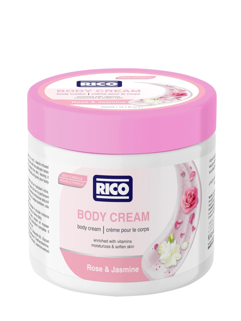 ريكو RICO SKINCARE Moisturizing Body Cream for Dry Skin with Glycerine, Vitamin E, Dimethicone, Rose & Jasmine, 360ml, All Skin Types - Image 1