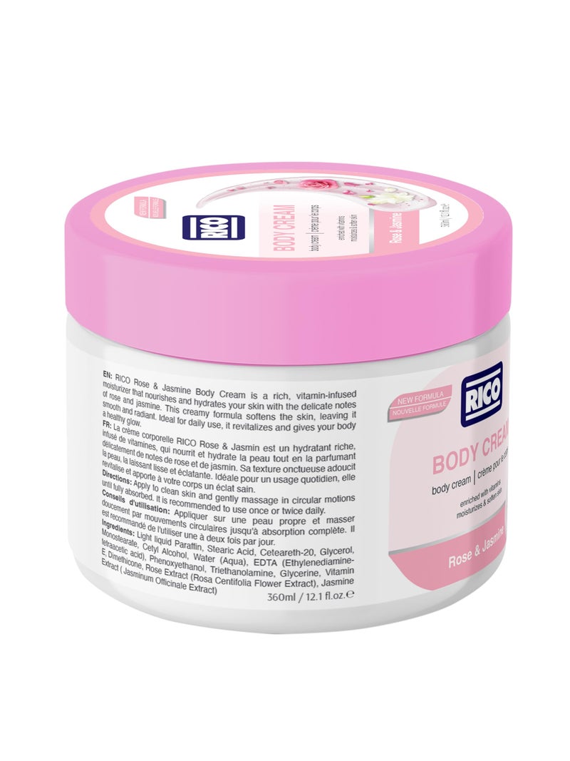 ريكو RICO SKINCARE Moisturizing Body Cream for Dry Skin with Glycerine, Vitamin E, Dimethicone, Rose & Jasmine, 360ml, All Skin Types - Image 2