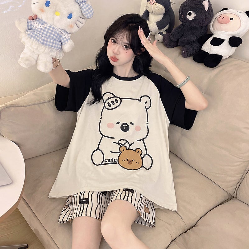 2026 New Style Pajamas for Women Summer Thin Short-Sleeved Cartoon Sweet Loose Plus Size 100kg Home Wear Set - Image 1