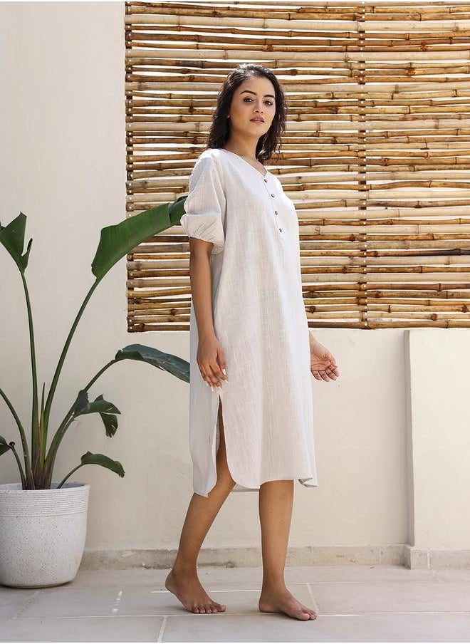 sanskrutihomes - Puff Sleeve V-Neck Midi Dress with Button Detail by Styli - Image 1