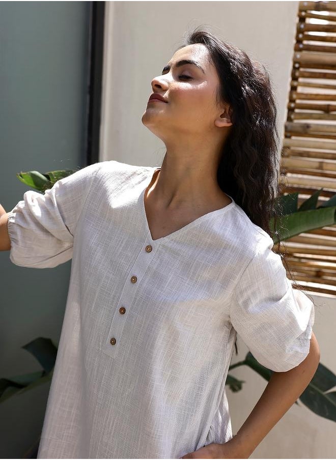 sanskrutihomes - Puff Sleeve V-Neck Midi Dress with Button Detail by Styli - Image 1