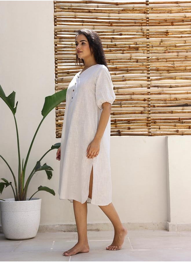 sanskrutihomes - Puff Sleeve V-Neck Midi Dress with Button Detail by Styli - Image 1