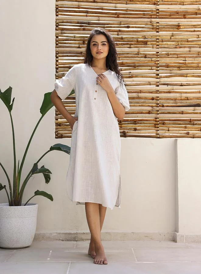 سانسكريتي هومز sanskrutihomes Puff Sleeve V-Neck Midi Dress with Button Detail