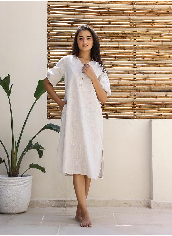 sanskrutihomes - Puff Sleeve V-Neck Midi Dress with Button Detail by Styli - Image 1