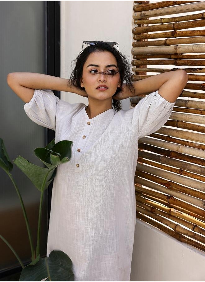 sanskrutihomes - Puff Sleeve V-Neck Midi Dress with Button Detail by Styli - Image 1