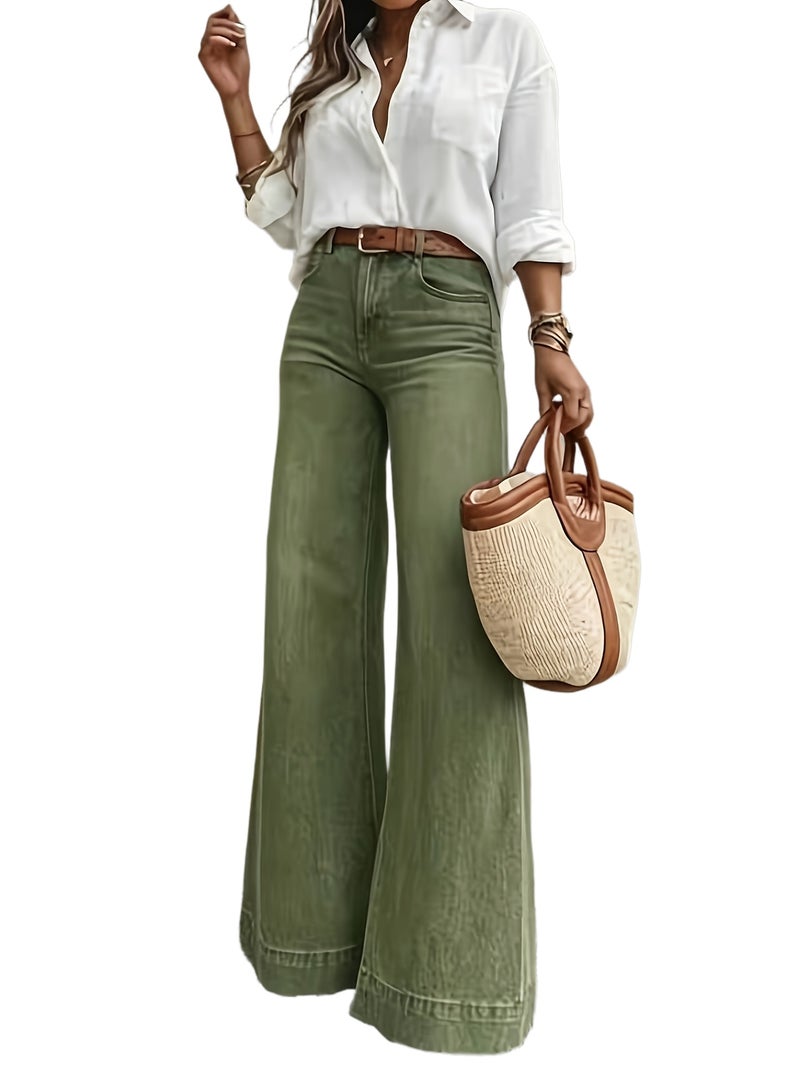 Women's Vintage Military Green Stretch Slightly Flared Jeans, High-Waist Wide-Leg Pants, Office Casual Everyday Trousers - Image 1