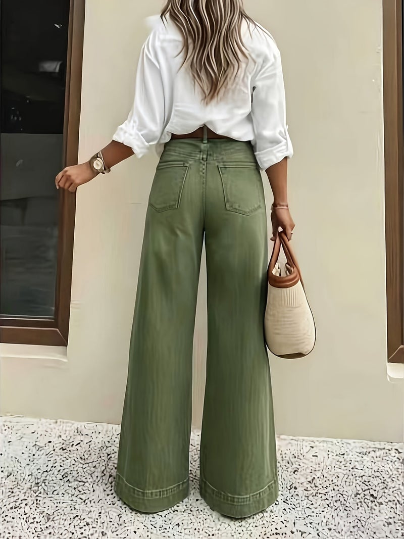 Women's Vintage Military Green Stretch Slightly Flared Jeans, High-Waist Wide-Leg Pants, Office Casual Everyday Trousers - Image 5