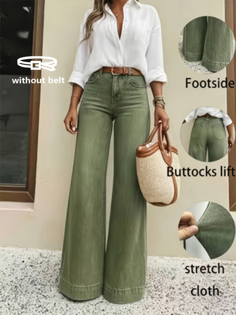 Women's Vintage Military Green Stretch Slightly Flared Jeans, High-Waist Wide-Leg Pants, Office Casual Everyday Trousers - Image 3
