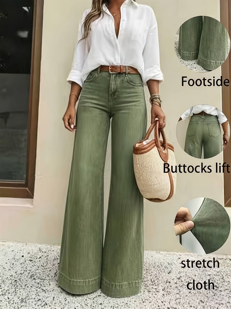 Women's Vintage Military Green Stretch Slightly Flared Jeans, High-Waist Wide-Leg Pants, Office Casual Everyday Trousers - Image 2