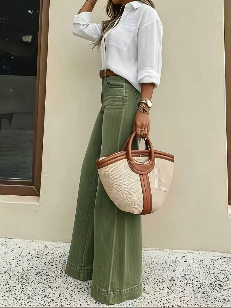 Women's Vintage Military Green Stretch Slightly Flared Jeans, High-Waist Wide-Leg Pants, Office Casual Everyday Trousers - Image 4