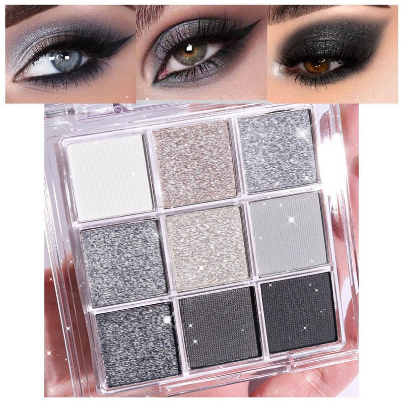 evpct 9 Colors Silver Gray Glitter Eyeshadow Palette Black Smokey Grey and Silver White Sparkle Glitter Shimmer Shiny Eye Shadow Palette Makeup kit for older Women High Pigment Waterproof eyeshadow