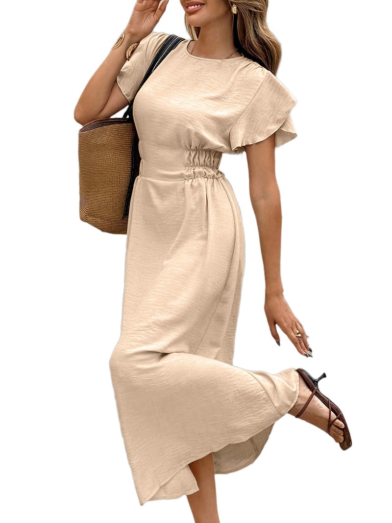 Women'S Elegant Solid Color Maxi Dress - Short-Sleeved Ruffle Round Neck A-Line Long Dress, High-Waisted Vacation And Daily Casual Wear - Image 1
