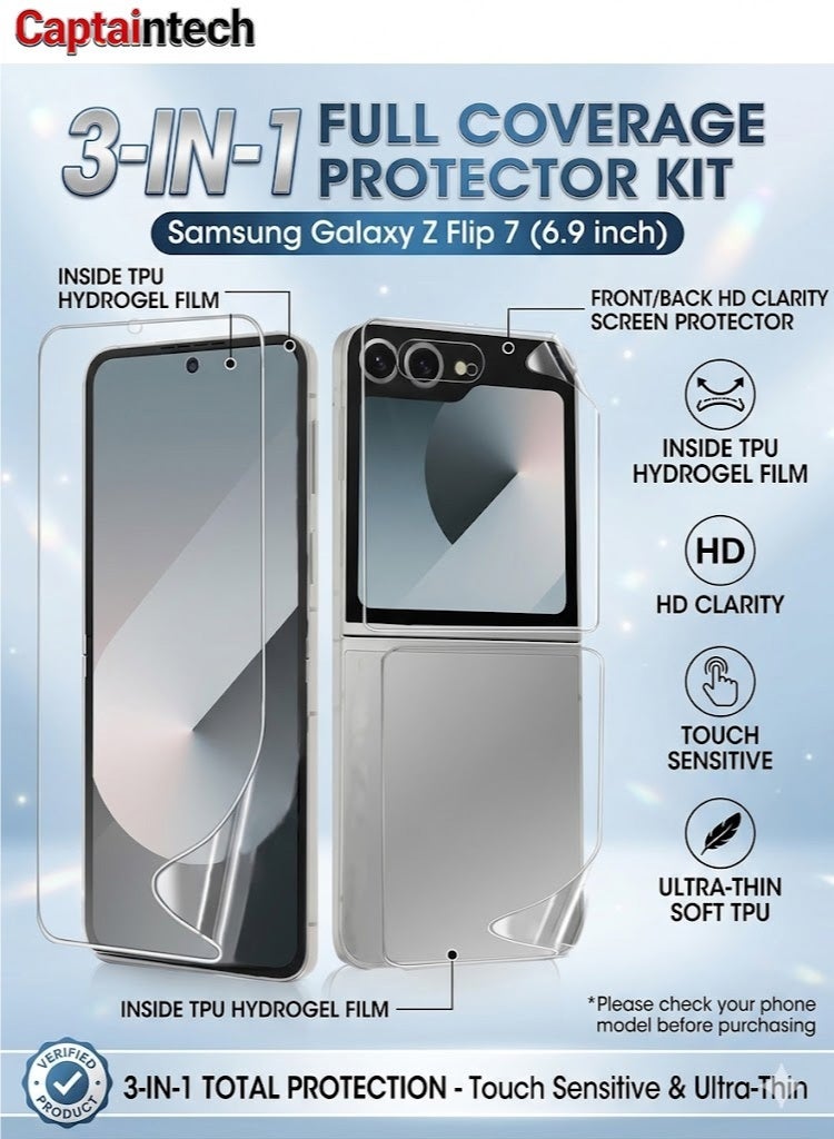 Captaintech Samsung Galaxy Z Flip 7 Screen Protector Set: Flexible TPU Hydrogel Inner Film & High Definition Front/Back Guard, Scratch-Resistant, Case Friendly, Full Body Protection - Image 1