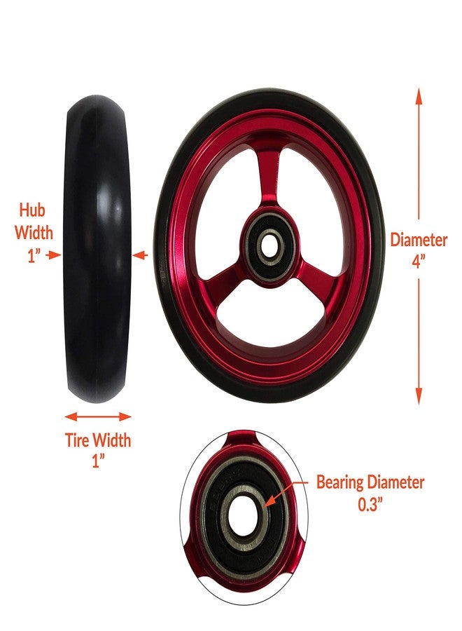 عجلات RIANTWHEEL، مقاس 4 × 1.0 بوصة، صلبة، مصنوعة من البولي يوريثان، عجلات للكراسي المتحركة، حافة من الألومنيوم، زوج واحد (أحمر) - Image 3
