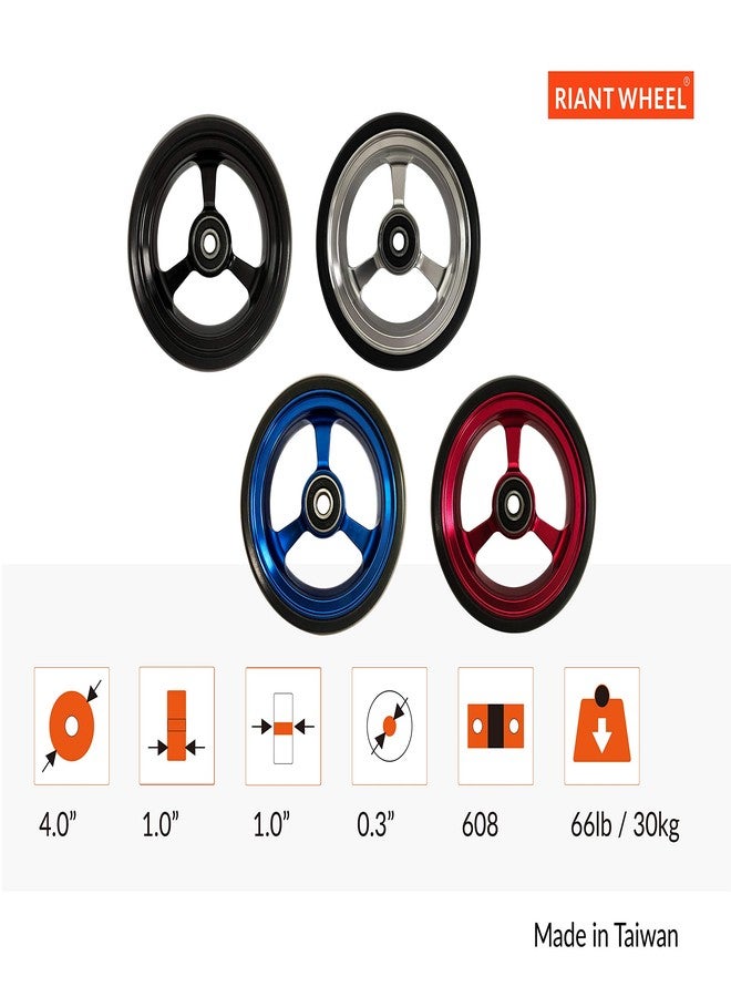 عجلات RIANTWHEEL، مقاس 4 × 1.0 بوصة، صلبة، مصنوعة من البولي يوريثان، عجلات للكراسي المتحركة، حافة من الألومنيوم، زوج واحد (أحمر) - Image 4