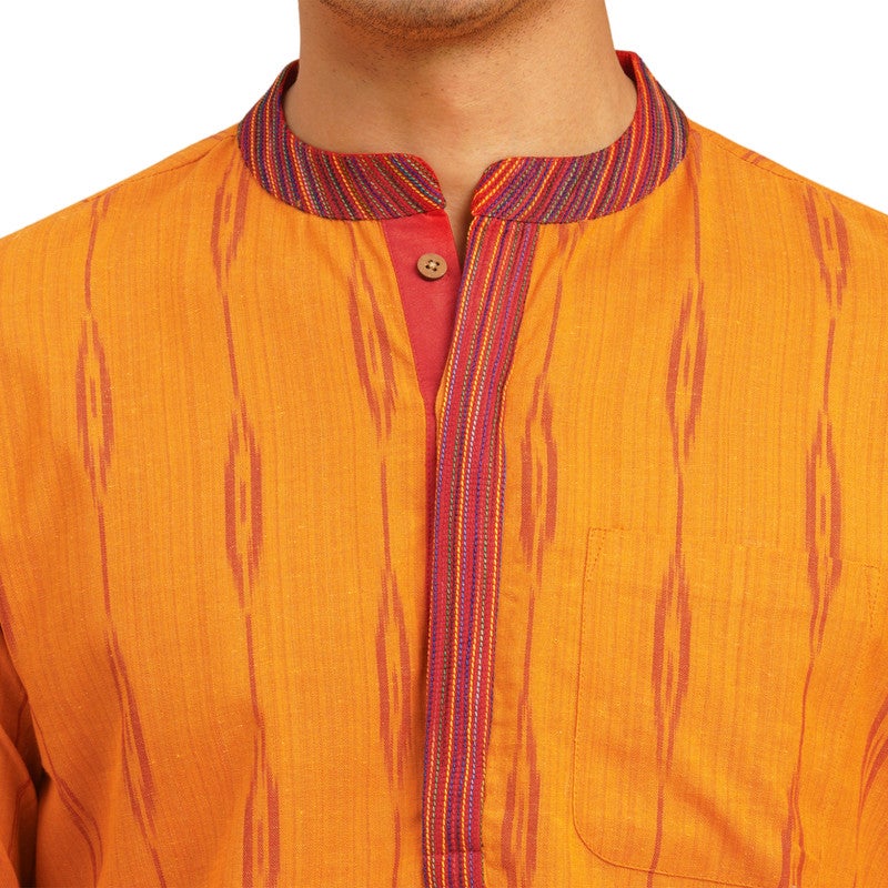 ARCHATTIRE Men’s Orange Cotton Ikat Weave Kurta - Image 3