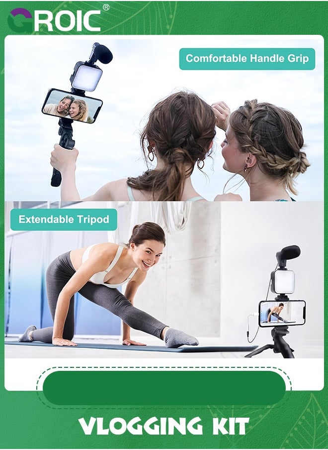 GROIC - Vlogging Kit/ Light & Microphone | Pro Grip/ LED Lights & Mic Studio Bundle | Professional Grip, Mini Portable Tripod for Vlogging, TikTok, Twitch, YouTube Videos | Use w/Phones, Cameras - Image 1