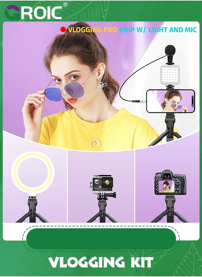 GROIC - Vlogging Kit/ Light & Microphone | Pro Grip/ LED Lights & Mic Studio Bundle | Professional Grip, Mini Portable Tripod for Vlogging, TikTok, Twitch, YouTube Videos | Use w/Phones, Cameras - Image 1