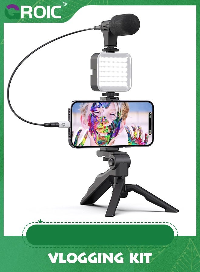 GROIC Vlogging Kit/ Light & Microphone | Pro Grip/ LED Lights & Mic Studio Bundle | Professional Grip, Mini Portable Tripod for Vlogging, TikTok, Twitch, YouTube Videos | Use w/Phones, Cameras