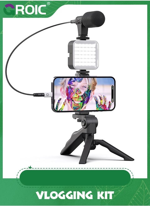 Vlogging Kit/ Light & Microphone | Pro Grip/ LED Lights & Mic Studio Bundle | Professional Grip, Mini Portable Tripod for Vlogging, TikTok, Twitch, YouTube Videos | Use w/Phones, Cameras