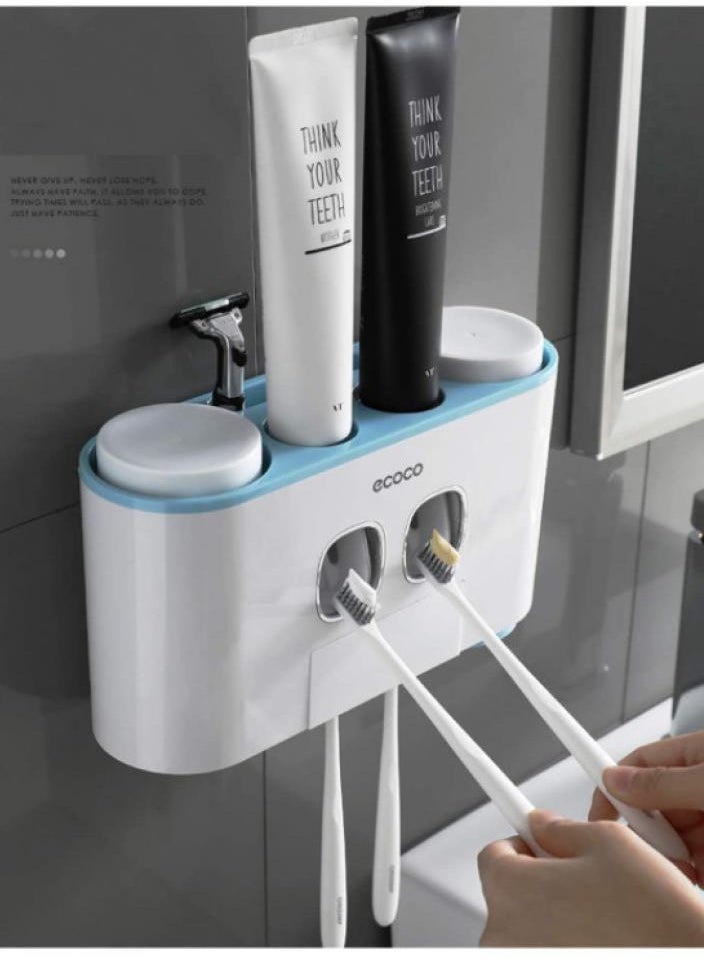 AIWANTO Wall Mounted Toothbrush Holder and Toothpaste Dispenser Adhesive Automatic Dispenser Space Saving Toothbrush Organizer With Cups Holder Organizer 4 Toothbrushes (No Drill Need)  - Image 1