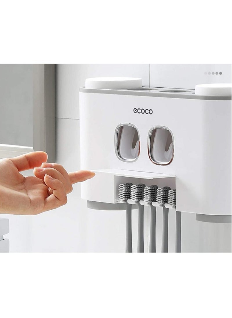 AIWANTO Wall Mounted Toothbrush Holder and Toothpaste Dispenser Adhesive Automatic Dispenser Space Saving Toothbrush Organizer With Cups Holder Organizer 4 Toothbrushes (No Drill Need)  - Image 2