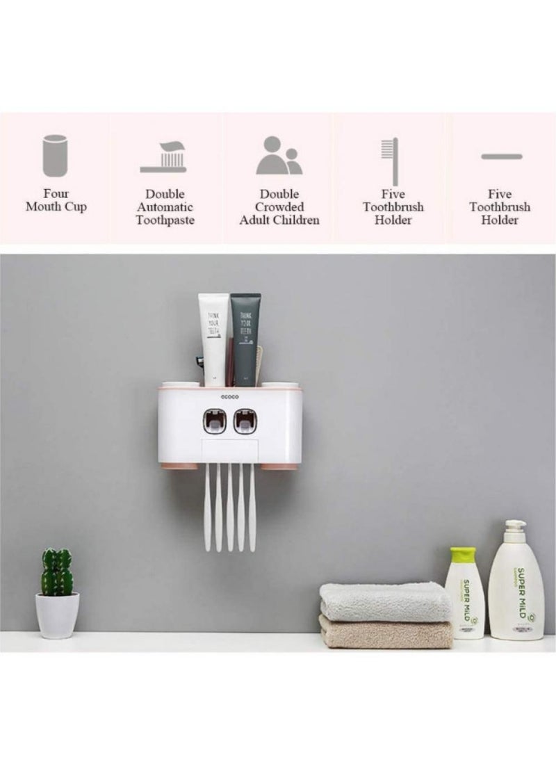 AIWANTO Wall Mounted Toothbrush Holder and Toothpaste Dispenser Adhesive Automatic Dispenser Space Saving Toothbrush Organizer With Cups Holder Organizer 4 Toothbrushes (No Drill Need)  - Image 4