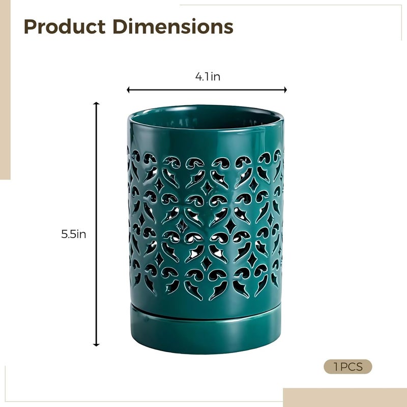 5.5 × 4.1 إنش إناء زخرفي خزفي مجوف، تصميم أخضر مزهر، أواني زهور داخلية وخارجية، قفص عيدان متعدد الأغراض، حامل أقلام - Image 3